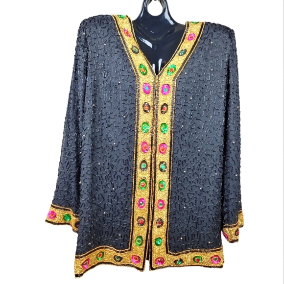 *VINTAGE*TAN CHHO Silk Sequin Jeweled Beaded Jacket - Picture 1 of 16